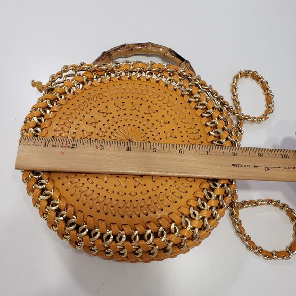 Beautiful Round Leather Satchel with Bamboo Handle and Chain for Crossbody - Picture 7 of 9